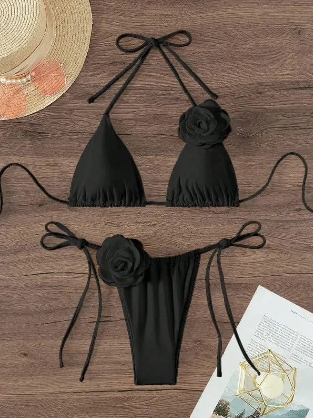 S-l sexy 3d flores halter tiras biquíni feminino maiô de duas peças conjunto de biquíni banhista natação