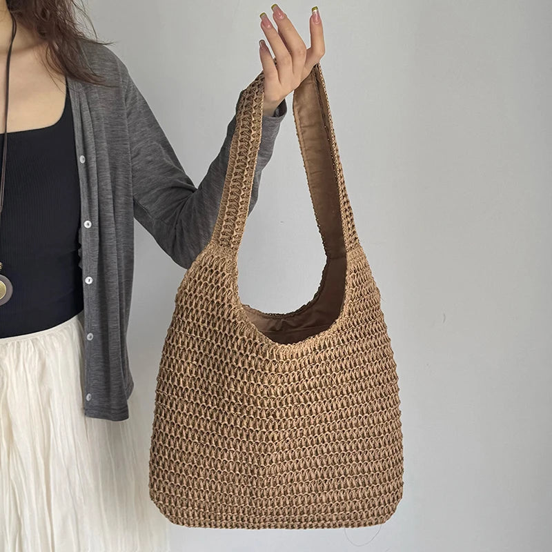 Moda rattan mulheres sacos de ombro tecido bolsas femininas grande capacidade verão praia sacos palha casual tote bolsas