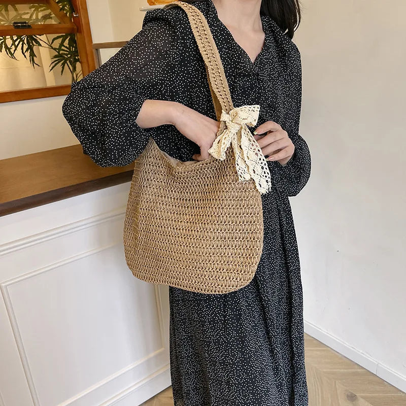 Moda rattan mulheres sacos de ombro tecido bolsas femininas grande capacidade verão praia sacos palha casual tote bolsas