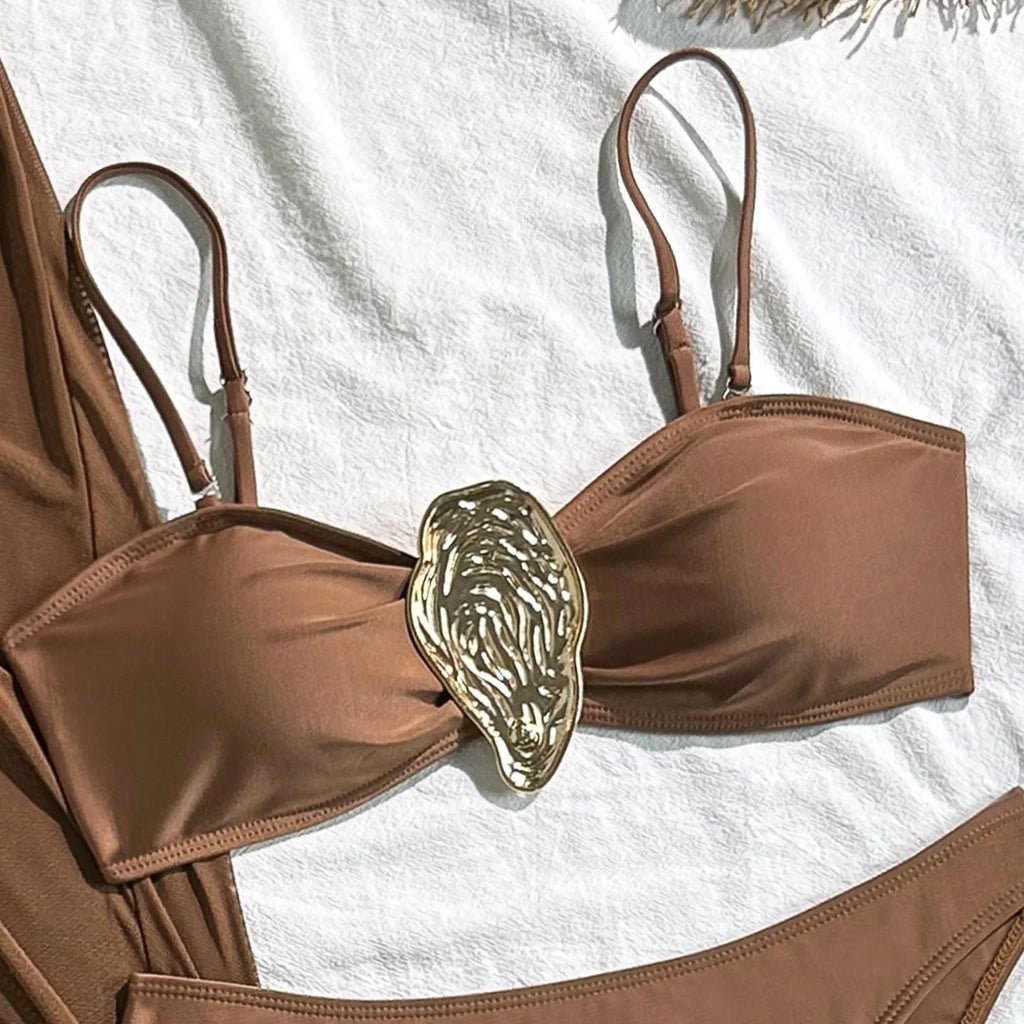 Vintage branco maiô feminino metal ostra fivela push up malha saia longa 3 peça conjunto de biquíni 2025 férias maiô