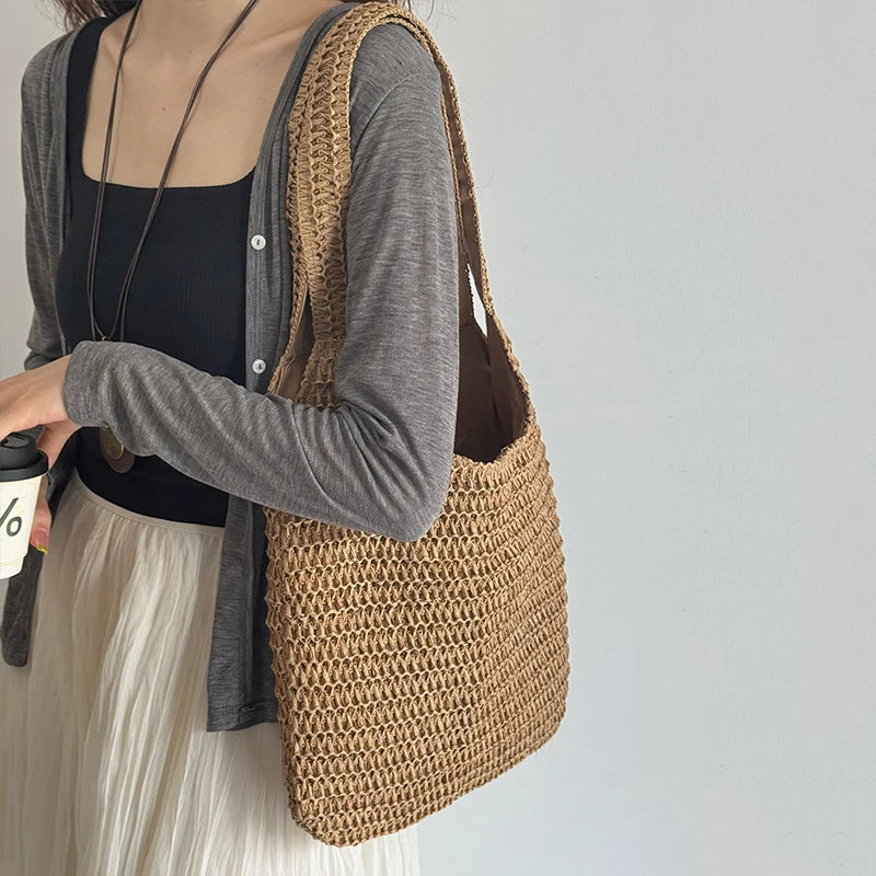 Moda rattan mulheres sacos de ombro tecido bolsas femininas grande capacidade verão praia sacos palha casual tote bolsas