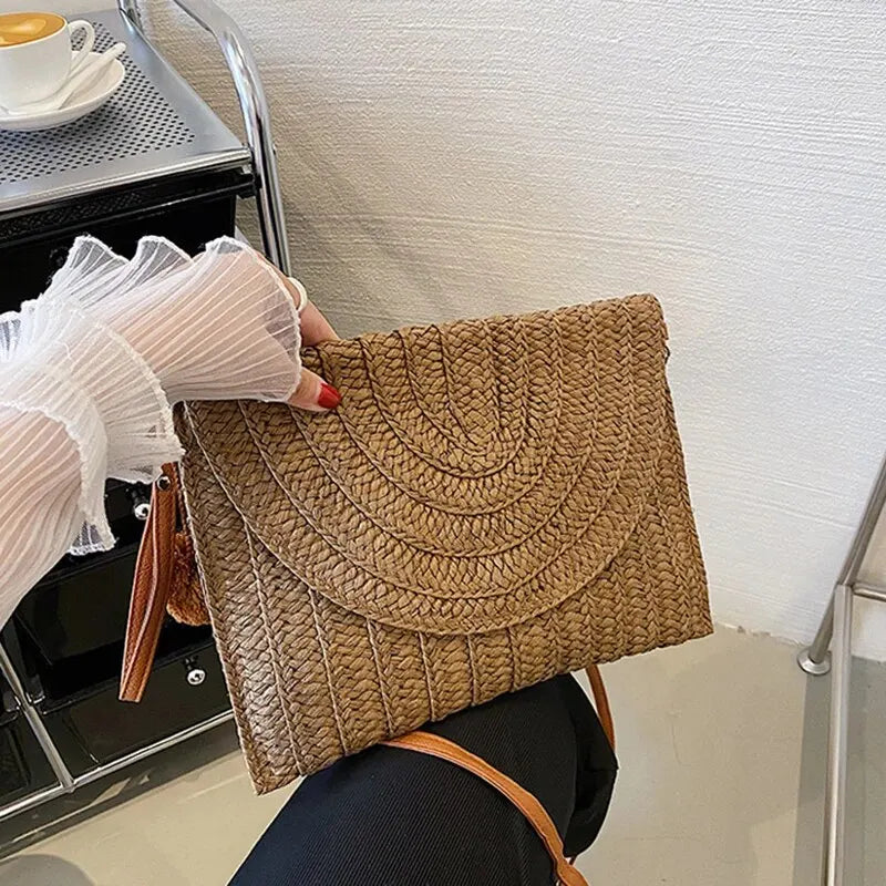 Bolsa de ombro crossbody de palha artesanal para meninas envelope tecido verão pequena bola de cabelo cluth