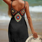 2025 crochê malha emenda padrão colorido v pescoço túnica beach wear oco bikini cobrir vestido beach wear sarong maiô