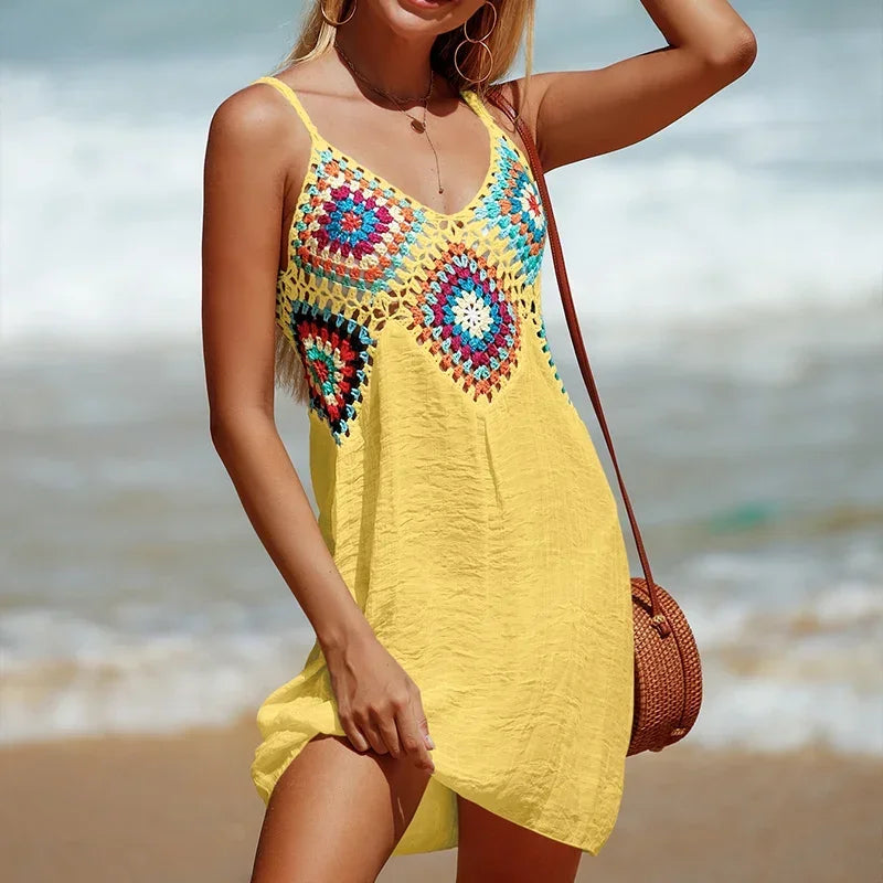 2025 crochê malha emenda padrão colorido v pescoço túnica beach wear oco bikini cobrir vestido beach wear sarong maiô