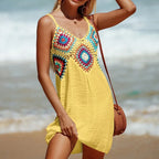 2025 crochê malha emenda padrão colorido v pescoço túnica beach wear oco bikini cobrir vestido beach wear sarong maiô
