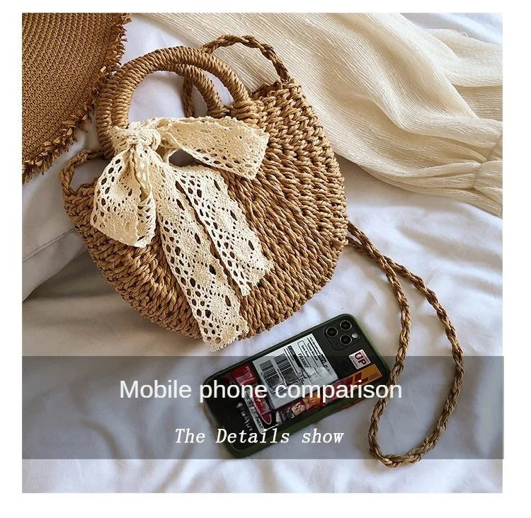 Saco de palha tecido à mão das mulheres, lua-forma, laço, rattan, grande capacidade, cordão, casual, praia, ombro, crossbody