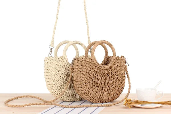 Saco de palha tecido à mão das mulheres, lua-forma, laço, rattan, grande capacidade, cordão, casual, praia, ombro, crossbody