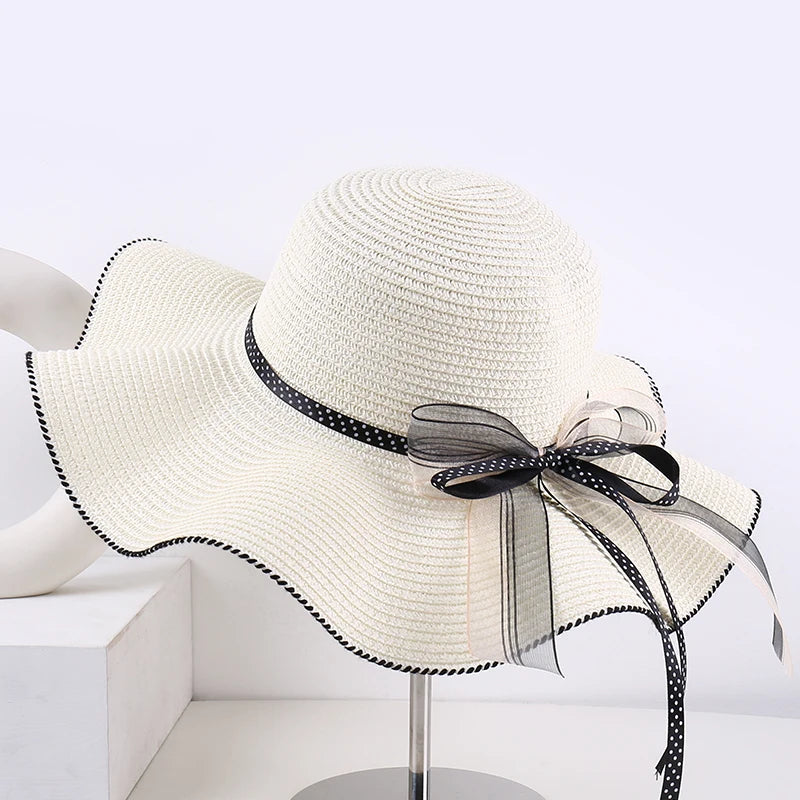 Aba ondulada elegante e versátil casual respirável arco decoração ao ar livre parque de viagem piquenique praia férias sol sombreamento chapéu