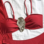 Vintage branco maiô feminino metal ostra fivela push up malha saia longa 3 peça conjunto de biquíni 2025 férias maiô