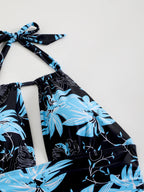2025 Maiô feminino de 1 peça com combinação de pescoço estampado tropical – tecido de alta elasticidade, flor preta azul vibrante Desi