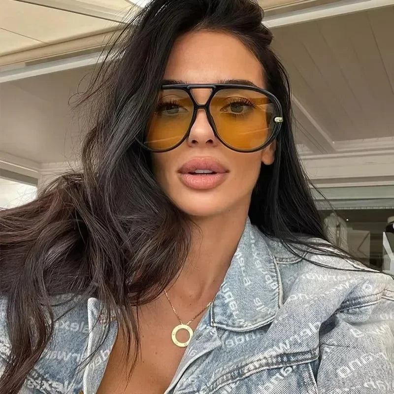 2025 nova moda grande quadro piloto amarelo óculos de sol das mulheres dos homens marca vintage punk ao ar livre praia óculos de sol feminino