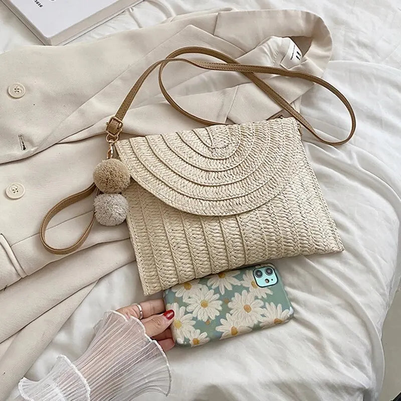 Bolsa de ombro crossbody de palha artesanal para meninas envelope tecido verão pequena bola de cabelo cluth