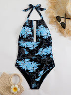2025 Maiô feminino de 1 peça com combinação de pescoço estampado tropical – tecido de alta elasticidade, flor preta azul vibrante Desi