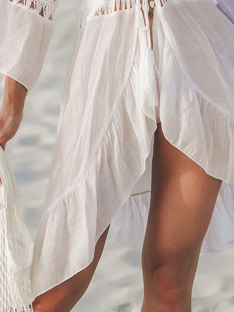 Verão crochê boho praia maiô bikini cobrir rendas hairball blusa longa oco para fora aberto frente cover-up espanador quimono