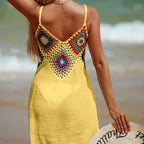 2025 crochê malha emenda padrão colorido v pescoço túnica beach wear oco bikini cobrir vestido beach wear sarong maiô