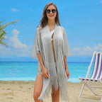 Malha de crochê feminino escavar roupa de banho, maiô cobrir, maiô, cardigan para piscina de praia, quimono brilho brilho
