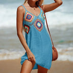 2025 crochê malha emenda padrão colorido v pescoço túnica beach wear oco bikini cobrir vestido beach wear sarong maiô