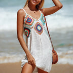 2025 crochê malha emenda padrão colorido v pescoço túnica beach wear oco bikini cobrir vestido beach wear sarong maiô