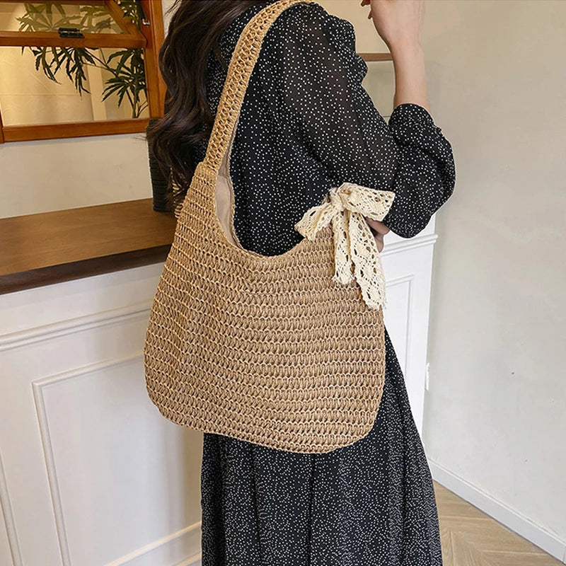 Moda rattan mulheres sacos de ombro tecido bolsas femininas grande capacidade verão praia sacos palha casual tote bolsas