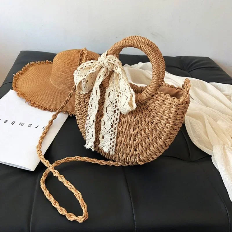 Saco de palha tecido à mão das mulheres, lua-forma, laço, rattan, grande capacidade, cordão, casual, praia, ombro, crossbody