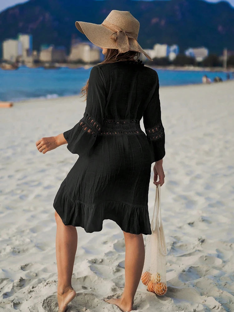 Verão crochê boho praia maiô bikini cobrir rendas hairball blusa longa oco para fora aberto frente cover-up espanador quimono