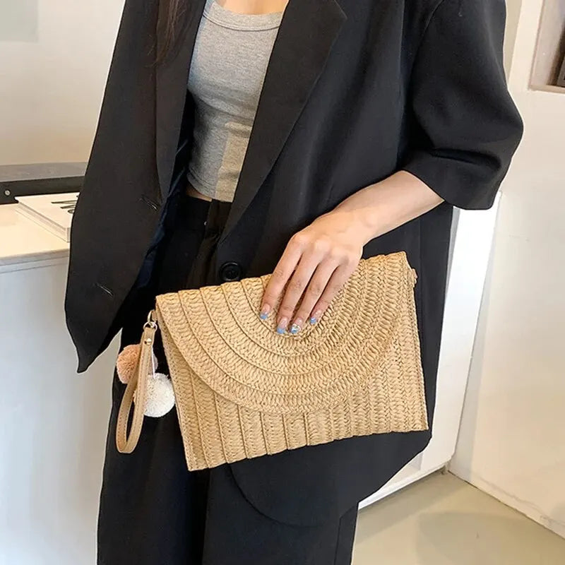 Bolsa de ombro crossbody de palha artesanal para meninas envelope tecido verão pequena bola de cabelo cluth
