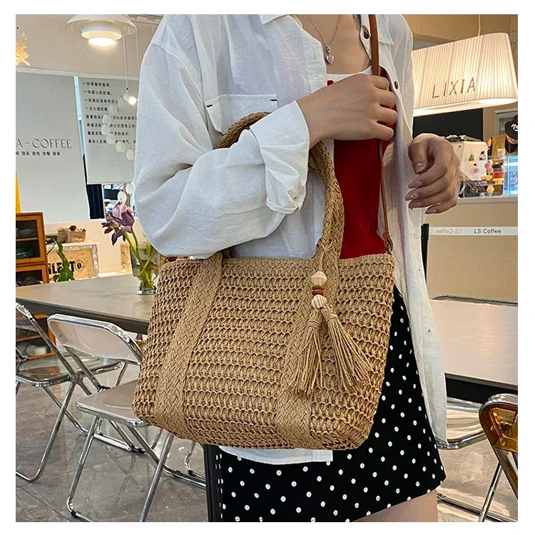 Palha tecelagem verão preguiçoso vento sacola grande capacidade moda versátil sacos feminino 2025 marca casual férias sacos de ombro