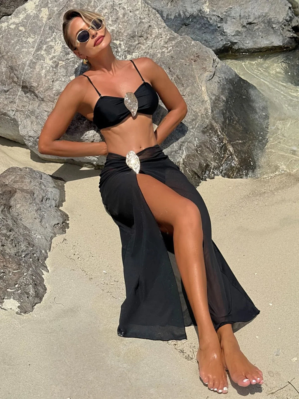 Vintage branco maiô feminino metal ostra fivela push up malha saia longa 3 peça conjunto de biquíni 2025 férias maiô