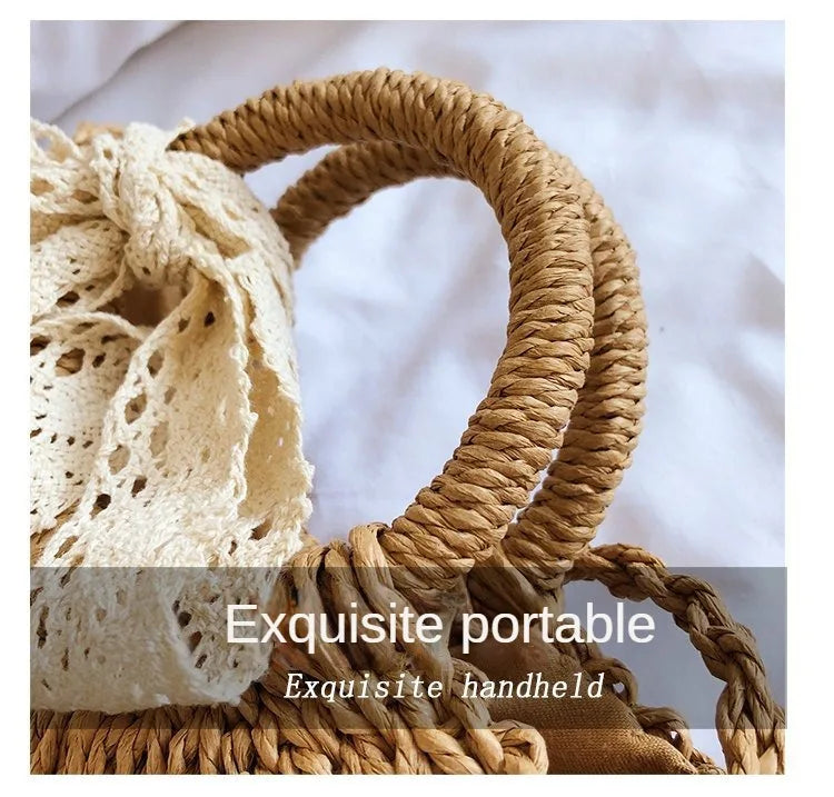 Saco de palha tecido à mão das mulheres, lua-forma, laço, rattan, grande capacidade, cordão, casual, praia, ombro, crossbody