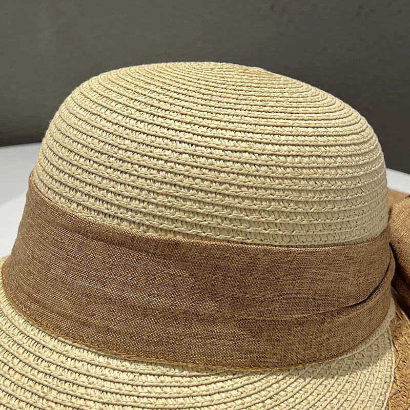 2025 verão feminino grande arco chapéu de palha portátil dobrável férias praia viseiras de sol mão tecido cor sólida feminino pára-sol bonnet boné