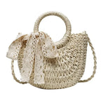 Saco de palha tecido à mão das mulheres, lua-forma, laço, rattan, grande capacidade, cordão, casual, praia, ombro, crossbody