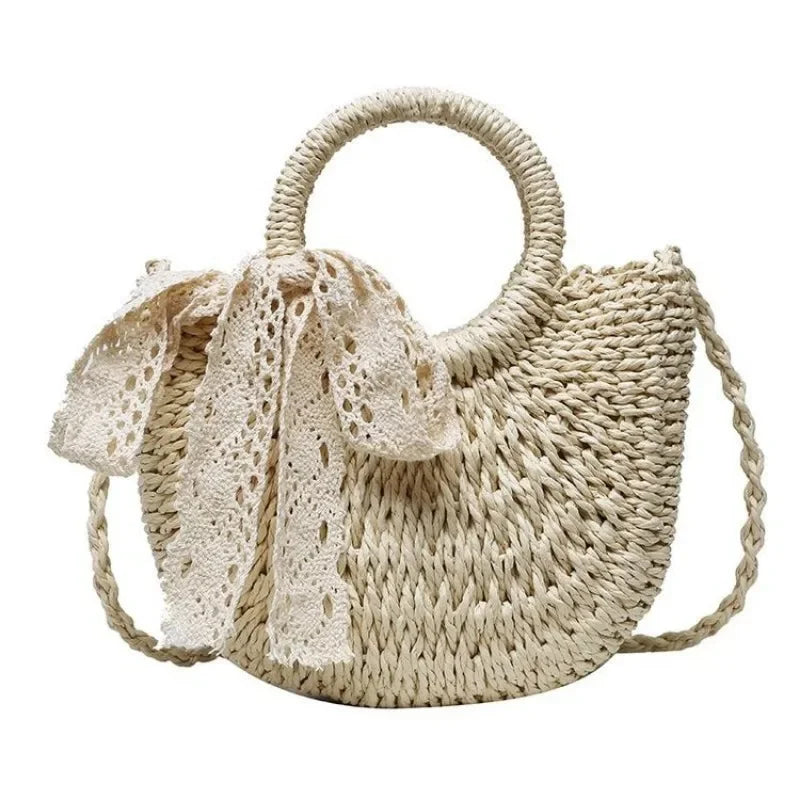 Saco de palha tecido à mão das mulheres, lua-forma, laço, rattan, grande capacidade, cordão, casual, praia, ombro, crossbody