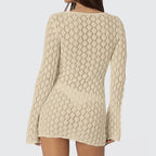 Novo estilo de malha cor sólida vestido de manga longa sexy oco para fora magro-ajuste beachwear cobrir praia férias roupas de proteção solar