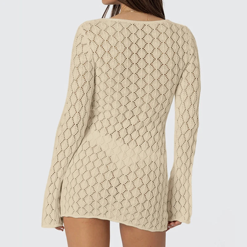 Novo estilo de malha cor sólida vestido de manga longa sexy oco para fora magro-ajuste beachwear cobrir praia férias roupas de proteção solar