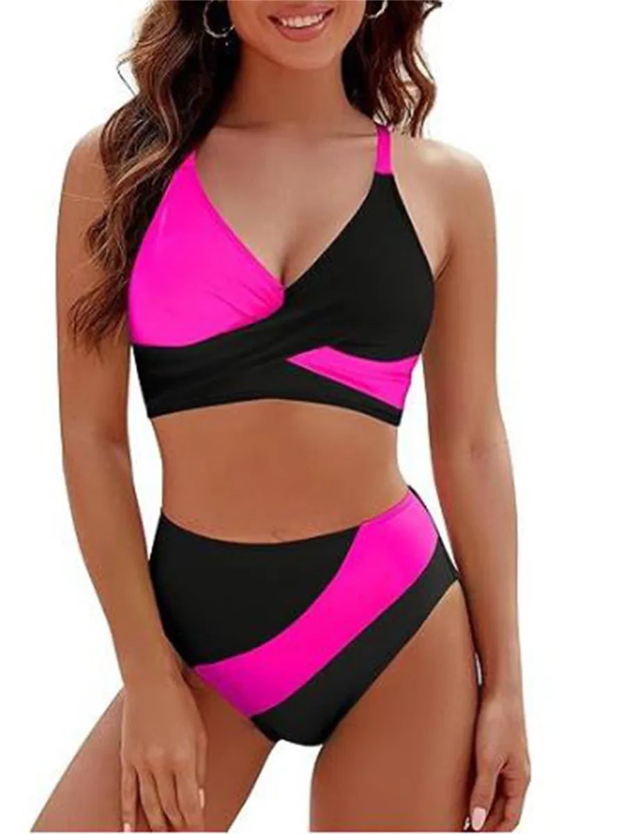 Feminino 2 peças conjunto de biquíni retalhos com decote em v sem mangas tops tanga bottoms praia maiô para mulher