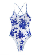 2025 novo biquíni de exportação europeu e americano de uma peça, maiô sexy apertado estampado azul e branco, chinês-