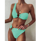 Sexy bandeau bikini maiô anel de ombro único cor pura fino ajuste roupa de banho feminina cross-border beachwear tankini conjunto