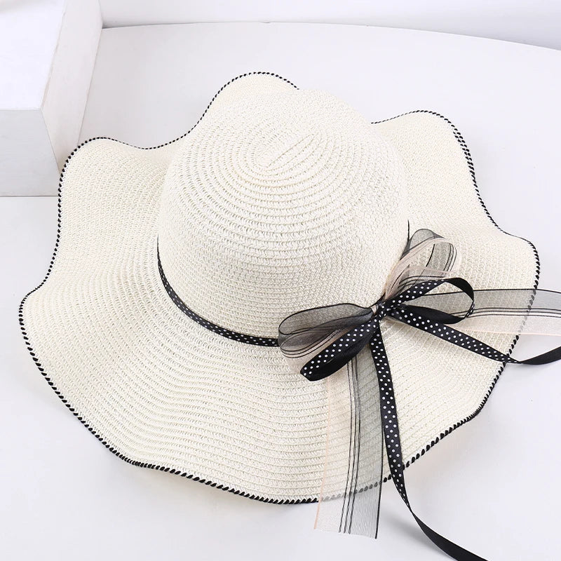 Aba ondulada elegante e versátil casual respirável arco decoração ao ar livre parque de viagem piquenique praia férias sol sombreamento chapéu