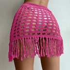 Cover-Ups feminino de malha de sarongs oco, monocromático, borla vidente, mini saias de praia, maiô de fenda com cordão verão