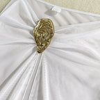 Vintage branco maiô feminino metal ostra fivela push up malha saia longa 3 peça conjunto de biquíni 2025 férias maiô