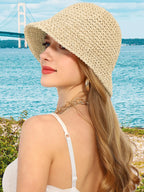 Verão uv-proteger crochê palha balde chapéu para mulheres praia moda respirável ao ar livre pára-sol boné viseiras dobráveis