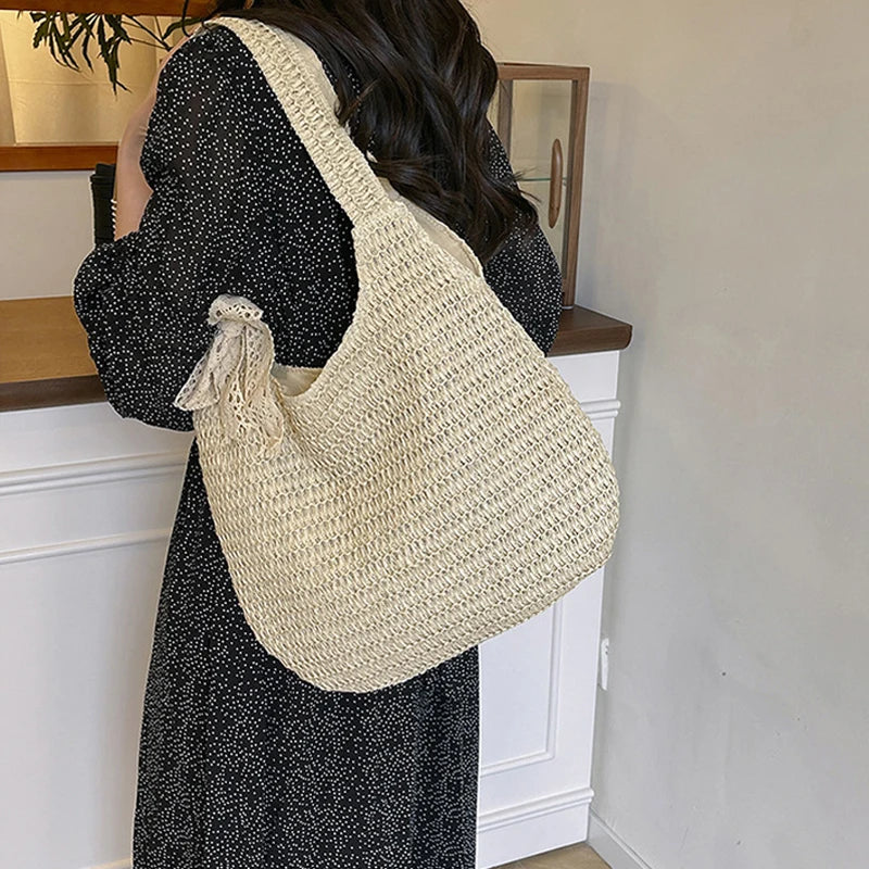 Moda rattan mulheres sacos de ombro tecido bolsas femininas grande capacidade verão praia sacos palha casual tote bolsas