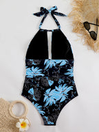2025 Maiô feminino de 1 peça com combinação de pescoço estampado tropical – tecido de alta elasticidade, flor preta azul vibrante Desi
