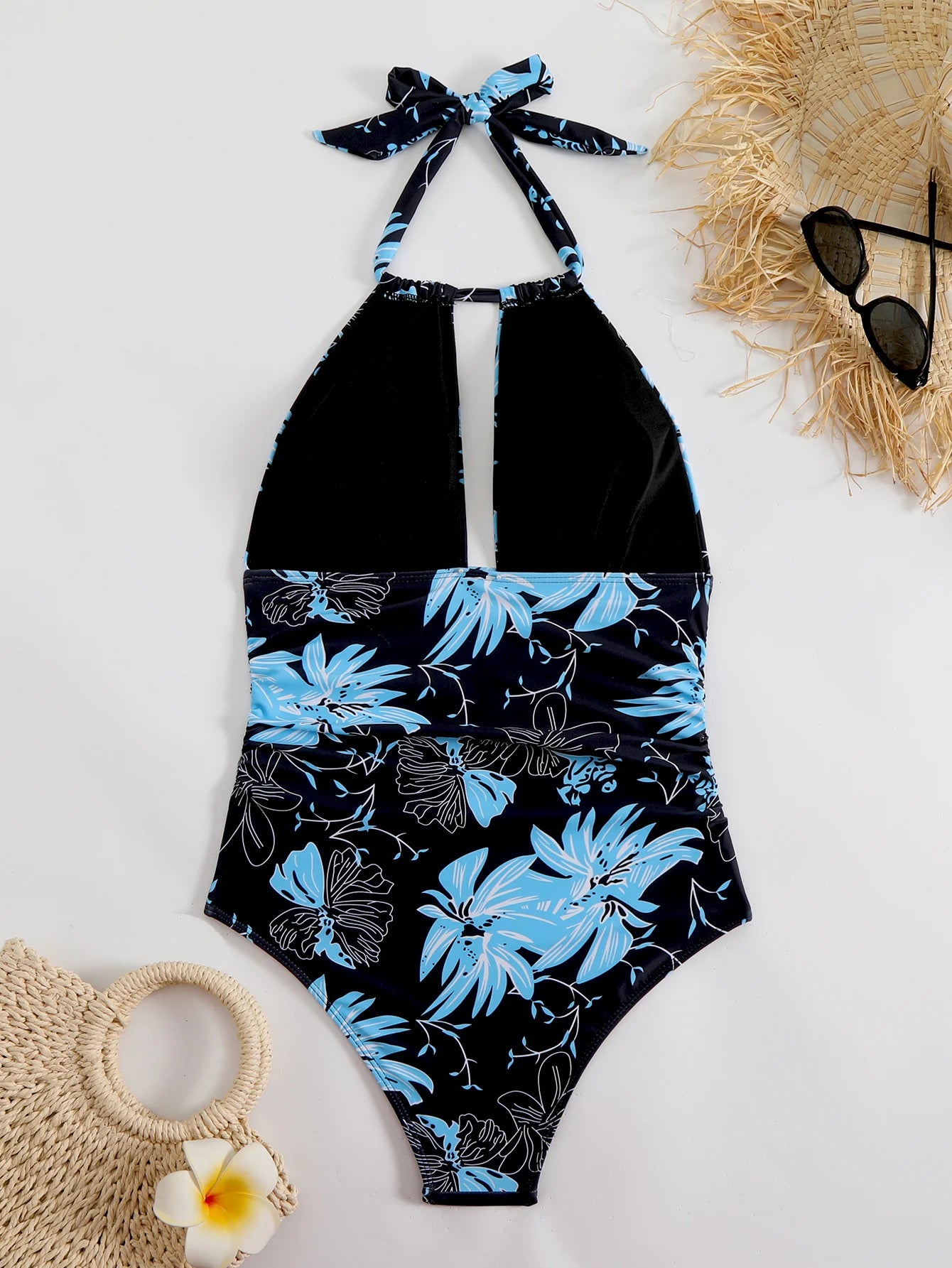2025 Maiô feminino de 1 peça com combinação de pescoço estampado tropical – tecido de alta elasticidade, flor preta azul vibrante Desi