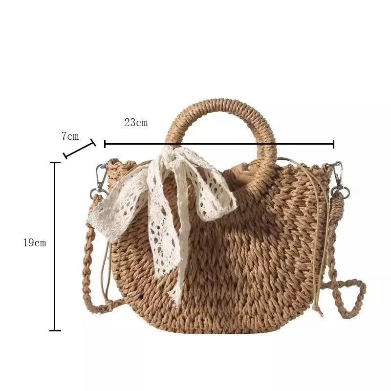 Saco de palha tecido à mão das mulheres, lua-forma, laço, rattan, grande capacidade, cordão, casual, praia, ombro, crossbody