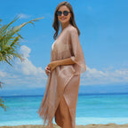 Malha de crochê feminino escavar roupa de banho, maiô cobrir, maiô, cardigan para piscina de praia, quimono brilho brilho