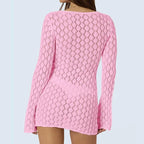 Novo estilo de malha cor sólida vestido de manga longa sexy oco para fora magro-ajuste beachwear cobrir praia férias roupas de proteção solar