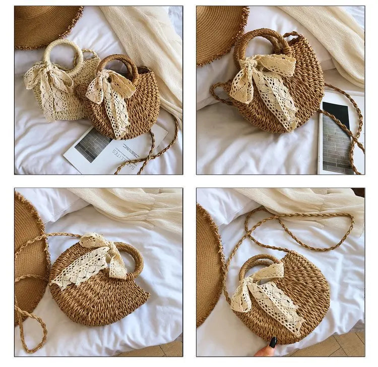 Saco de palha tecido à mão das mulheres, lua-forma, laço, rattan, grande capacidade, cordão, casual, praia, ombro, crossbody