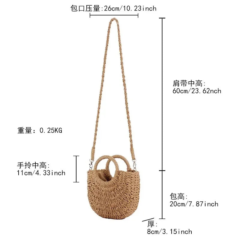 Saco de palha tecido à mão das mulheres, lua-forma, laço, rattan, grande capacidade, cordão, casual, praia, ombro, crossbody