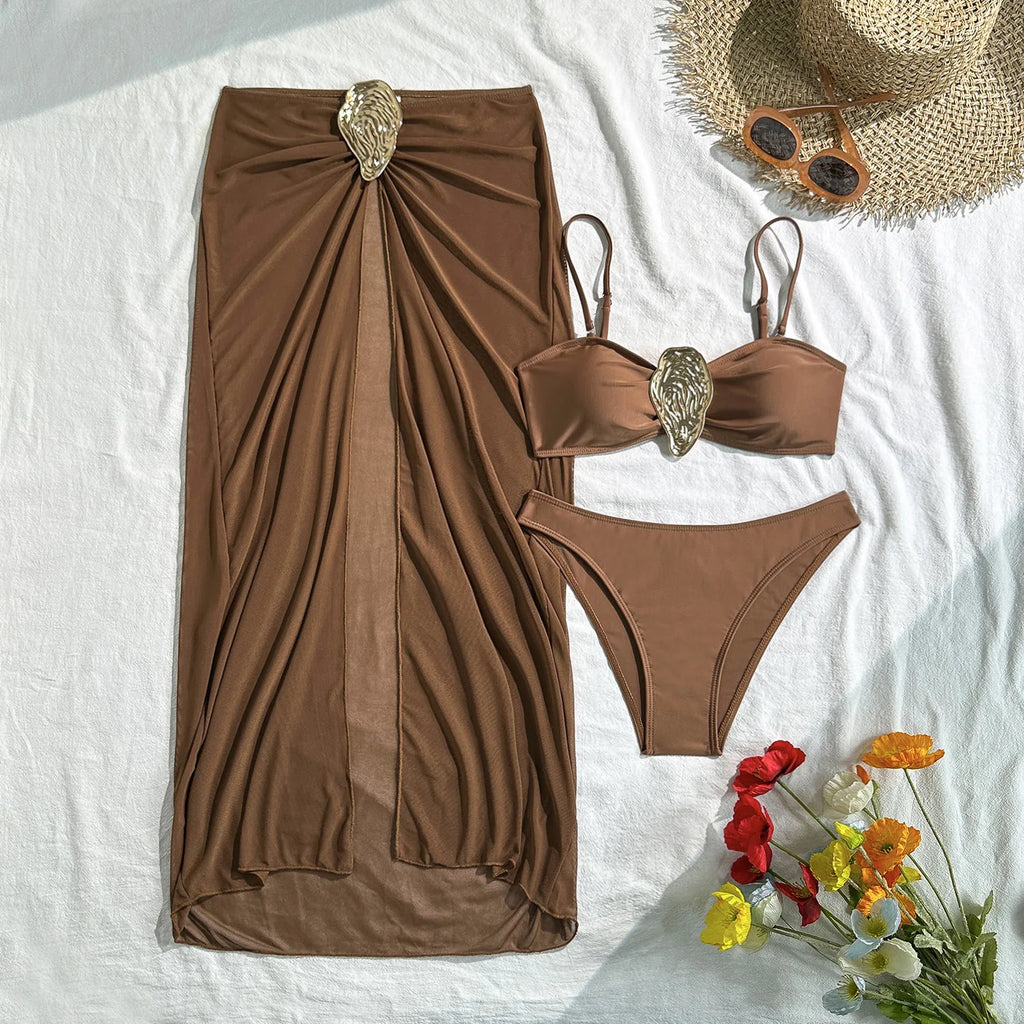 Vintage branco maiô feminino metal ostra fivela push up malha saia longa 3 peça conjunto de biquíni 2025 férias maiô